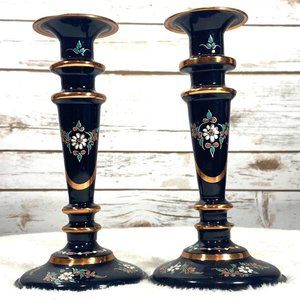 Vintage Copper Candle Holders Etched Hand Painted Black Floral Silver Touch Set